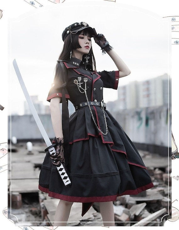 Black Gothic Army Military Lolita Short Sleeve JSK Dress and Hat -   Norway