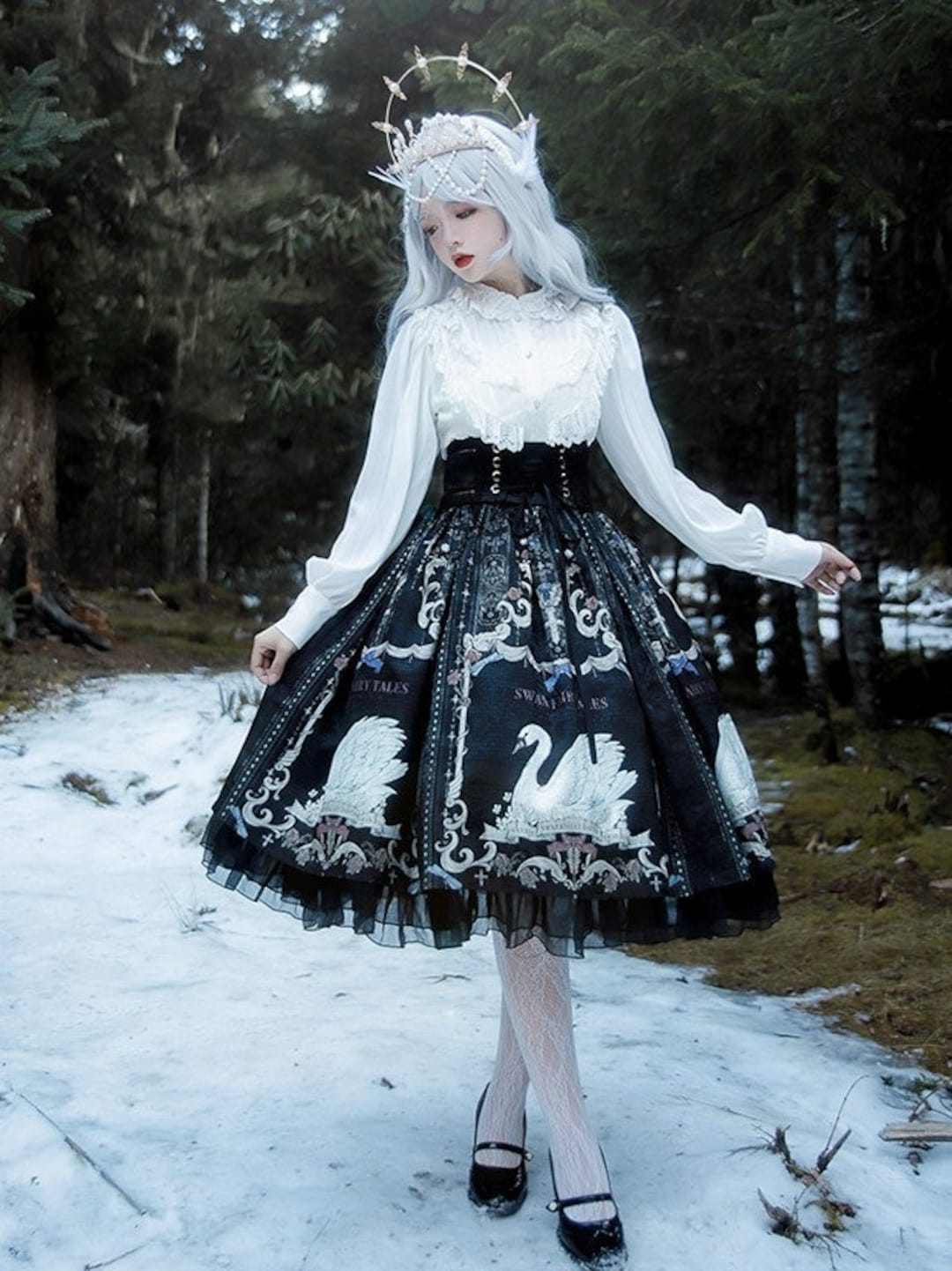 Swan Dance Gothic Mid Length Elastic Waistband Lolita Skirt and Blouse 