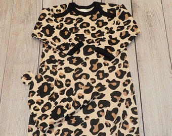 Leopard Print Infant Set/ Gown, Beanie, Blanket Bib/100% Cotton/0-3 Months/ Halloween Set