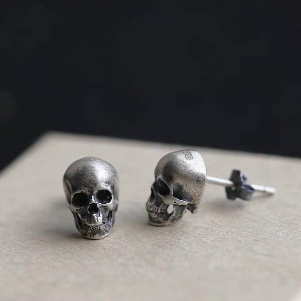 Skull earrings, Silver skull piercing, Silver designer earrings, Antique style earrings, Minimalist tragus piercing, Stud ear piercing men