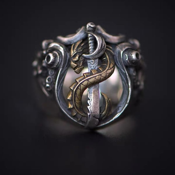 Bilgewater geïnspireerde ring, League of legends, Designer sterling zilveren ring, Stijlvolle ring in antieke stijl