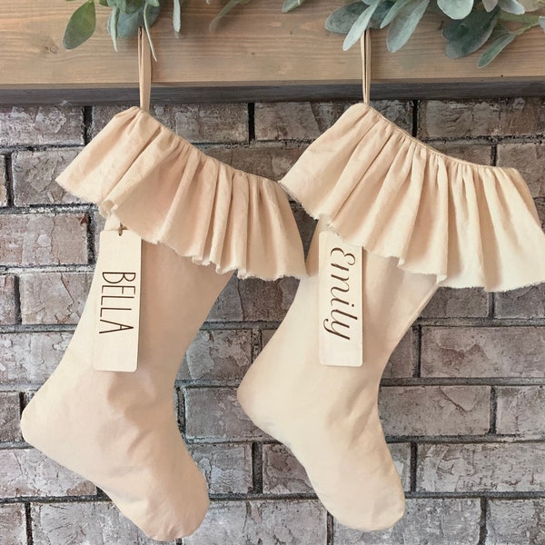 Personalized Farmhouses rustic ruffled stockings with names tags