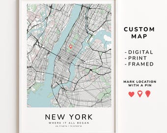 Personalized City Map Print with Heart Pin, Modern Wall Art, Housewarming or Anniversary
