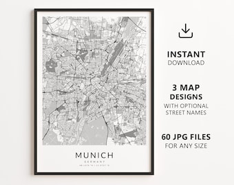 Munich, Germany Map Printable – Digital Download City Map Wall Art, Minimalist Street Map Poster