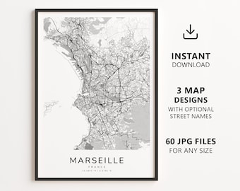 Marseille, Frankreich – Stadtplan zum Ausdrucken – Digitaler Download, minimalistischer Straßenplan als Wandbild