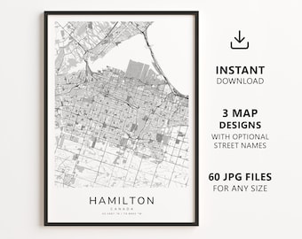 Hamilton, Kanada – Stadtplan zum Ausdrucken – Digitaler Download, minimalistischer Straßenplan als Wandbild