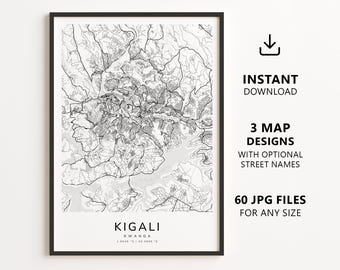Kigali, Rwanda Map Printable – Digital Download City Map, Minimalist Street Map Wall Art