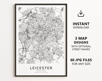 Leicester, England Map Printable – Digital Download City Map, Minimalist Street Map Wall Art