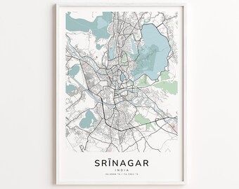 Srīnagar India Map Print – Detailed Street Map Wall Art, Modern City Map Poster, Travel Decor Gift