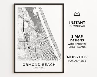 Mapa de Ormond Beach, Flórida para imprimir – Download digital, arte de parede com mapa da cidade, pôster minimalista com mapa de ruas.