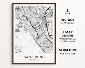 Mapa de San Bruno, Califórnia para imprimir – Download digital, arte de parede com mapa da cidade, pôster minimalista com mapa de ruas.