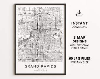 Grand Rapids, Michigan Map Printable – Digital Download City Map, Minimalist Street Map Wall Art