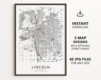 Mapa de Lincoln, Nebraska para imprimir – Download digital do mapa da cidade, mapa de ruas minimalista para decoração de parede.
