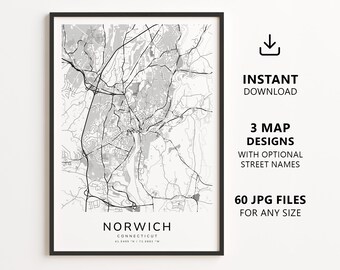 Norwich, Connecticut Map Printable – Digital Download City Map Wall Art, Minimalist Street Map Poster