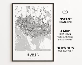 Bursa, Turkey Map Printable – Digital Download City Map, Minimalist Street Map Wall Art