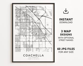 Mapa de Coachella, Califórnia para imprimir – Download digital do mapa da cidade, mapa de ruas minimalista para decoração de parede.
