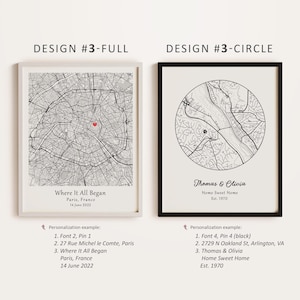 Op de afbeelding: Twee printbare ontwerpen voor een gepersonaliseerde kaartprint. Het eerste ontwerp toont een volledige kaart van Parijs, Frankrijk met een rood hart dat een locatie markeert. Het tweede ontwerp toont een cirkelvormige kaart van Arlington, Virginia met de tekst "Thomas & Olivia, Home Sweet Home, Est. 1970".