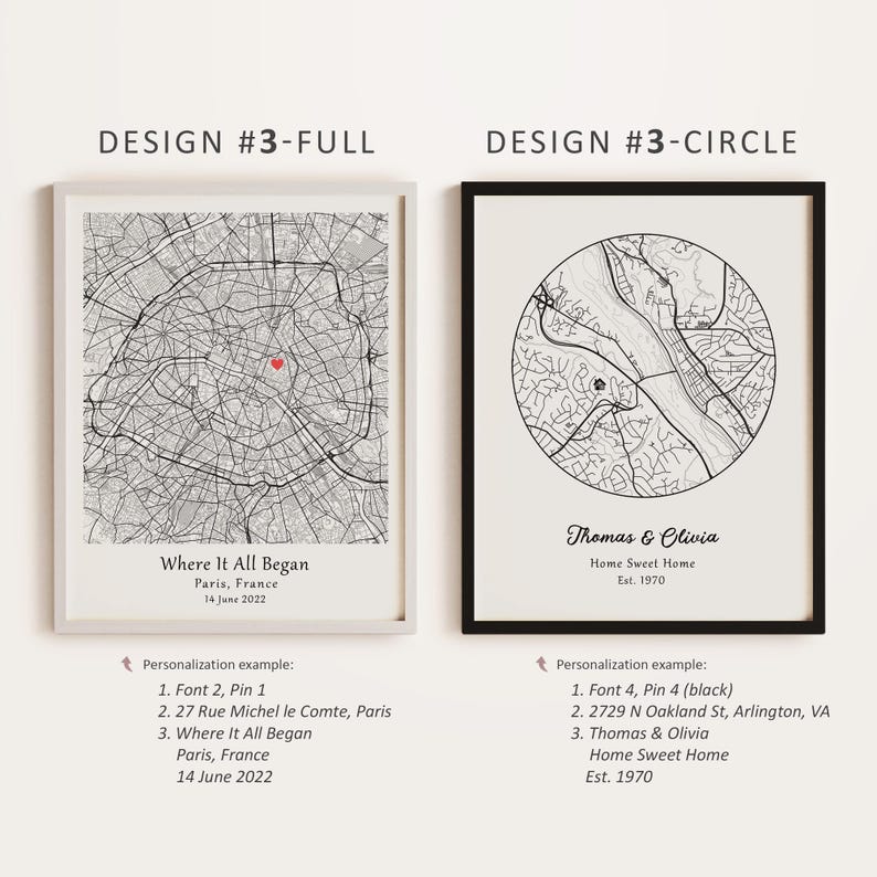 Op de afbeelding: Twee printbare ontwerpen voor een gepersonaliseerde kaartprint. Het eerste ontwerp toont een volledige kaart van Parijs, Frankrijk met een rood hart dat een locatie markeert. Het tweede ontwerp toont een cirkelvormige kaart van Arlington, Virginia met de tekst "Thomas & Olivia, Home Sweet Home, Est. 1970".