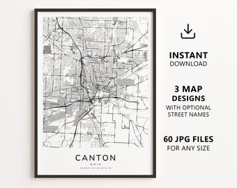 Mapa de Canton, Ohio para imprimir – Download digital, arte de parede com mapa da cidade, pôster minimalista com mapa de ruas.