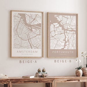 Mockup map print examples. Maps are displayed in a wooden frame on a white wall.
The example pictures are in portrait. Displayed maps are in beige color schemes.