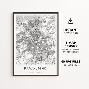 Rawalpindi, Pakistan karta utskrivbar – Digital nedladdning stadskarta väggkonst, minimalistisk gatukarta poster