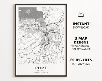 Mapa de Roma, Geórgia para imprimir – Download digital, arte de parede com mapa da cidade, pôster minimalista com mapa de ruas.