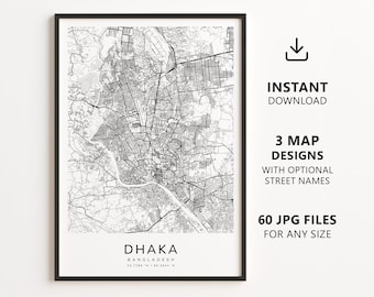 Dhaka, Bangladesch – Stadtplan zum Ausdrucken – Digitaler Download, minimalistisches Straßenkarten-Poster