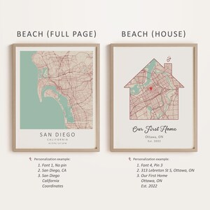 Pu&ograve; includere: Due progetti di arte da parete stampabili con mappe di San Diego, California e Ottawa, Ontario. La mappa di San Diego &egrave; un design a pagina intera, mentre la mappa di Ottawa ha la forma di una casa. Entrambe le mappe sono in stile vintage con linee rosse e uno sfondo blu chiaro. Il testo "Our First Home" &egrave; sotto la mappa di Ottawa.