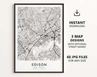 Edison, New Jersey Map Printable – Digital Download City Map Wall Art, Minimalist Street Map Poster