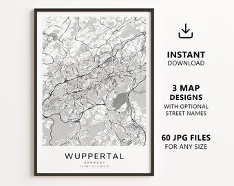 Wuppertal, Germany Map Printable – Digital Download City Map Wall Art, Minimalist Street Map Poster