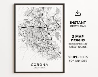 Corona, California Map Printable – Digital Download City Map Wall Art, Minimalist Street Map Poster