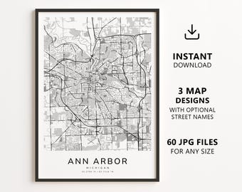 Mapa de Ann Arbor, Michigan para imprimir – Download digital do mapa da cidade, mapa de ruas minimalista para decoração de parede.