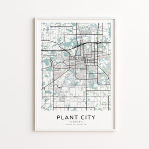 May include: A framed map print of Plant City, Florida, featuring a detailed street layout in black lines against a light background with green and pink accents. The city name and coordinates are printed at the bottom.