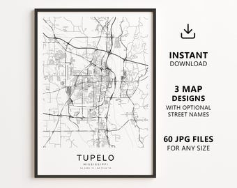Mapa de Tupelo, Mississippi para imprimir – Download digital, arte de parede com mapa da cidade, pôster minimalista com mapa de ruas.