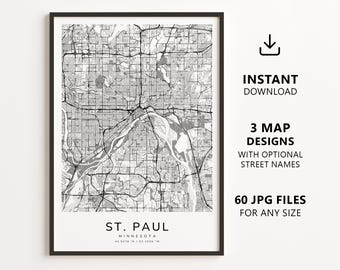 Mapa de St. Paul, Minnesota para imprimir – Download digital, arte de parede com mapa da cidade, pôster minimalista com mapa de ruas.