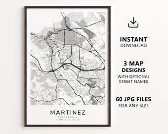 Mapa de Martinez, Califórnia para imprimir – Download digital do mapa da cidade, mapa de ruas minimalista para decoração de parede.