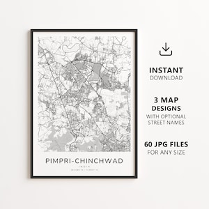 Pimpri-Chinchwad, India Map Printable – Digital Download City Map, Minimalist Street Map Wall Art