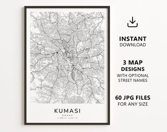 Kumasi, Ghana Map Printable – Digital Download City Map, Minimalist Street Map Wall Art