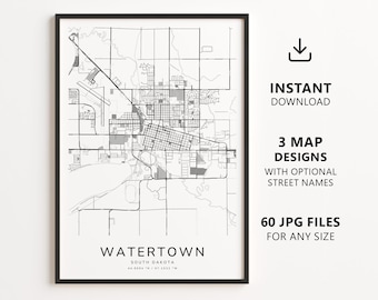 Watertown, South Dakota Map Printable – Digital Download City Map, Minimalist Street Map Wall Art