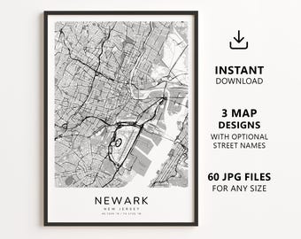 Mapa de Newark, Nova Jersey para imprimir – Download digital, arte de parede com mapa da cidade, pôster minimalista com mapa de ruas.