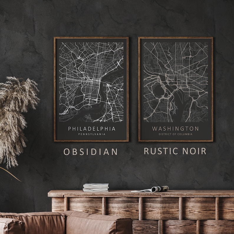 Mockup map print example. Maps are displayed in dark wood frames on a dark, almost black wall. The Interior could be described as rustic or farmhouse chic.
The examples of pictures are in portrait. The displayed map is in a dark color palette.