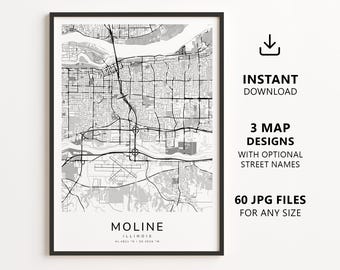 Mapa de Moline, Illinois para imprimir – Download digital do mapa da cidade, mapa de ruas minimalista para decoração de parede.