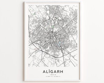 Alīgarh India Map Print – Detailed Street Map Wall Art, Modern City Map Poster, Travel Decor Gift