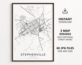 Stephenville, Texas Map Printable – Digital Download City Map Wall Art, Minimalist Street Map Poster