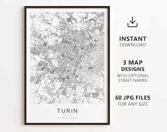 Turin, Italien – Stadtplan zum Ausdrucken – Digitaler Download, minimalistisches Straßenkarten-Poster