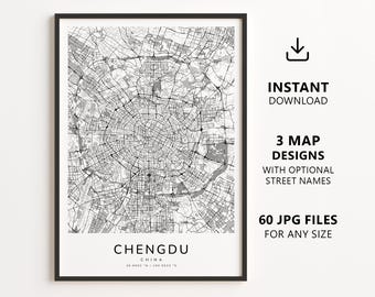Chengdu, China Map Printable – Digital Download City Map Wall Art, Minimalist Street Map Poster