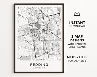 Redding, California Map Printable – Digital Download City Map Wall Art, Minimalist Street Map Poster