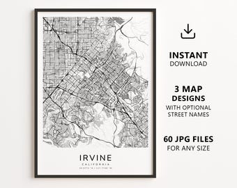 Mapa de Irvine, Califórnia para imprimir – Download digital do mapa da cidade, mapa de ruas minimalista para decoração de parede.