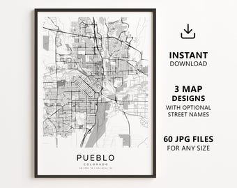 Pueblo, Colorado Map Printable – Digital Download City Map, Minimalist Street Map Wall Art