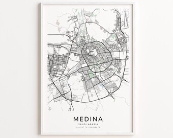 Medina Saudi Arabia Map Print – Detailed Street Map Wall Art, Modern City Map Poster, Travel Decor Gift